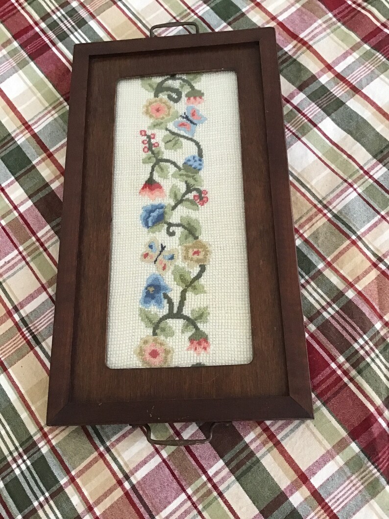 Vintage Needlepoint Serving Tray with wooden frame and handles.