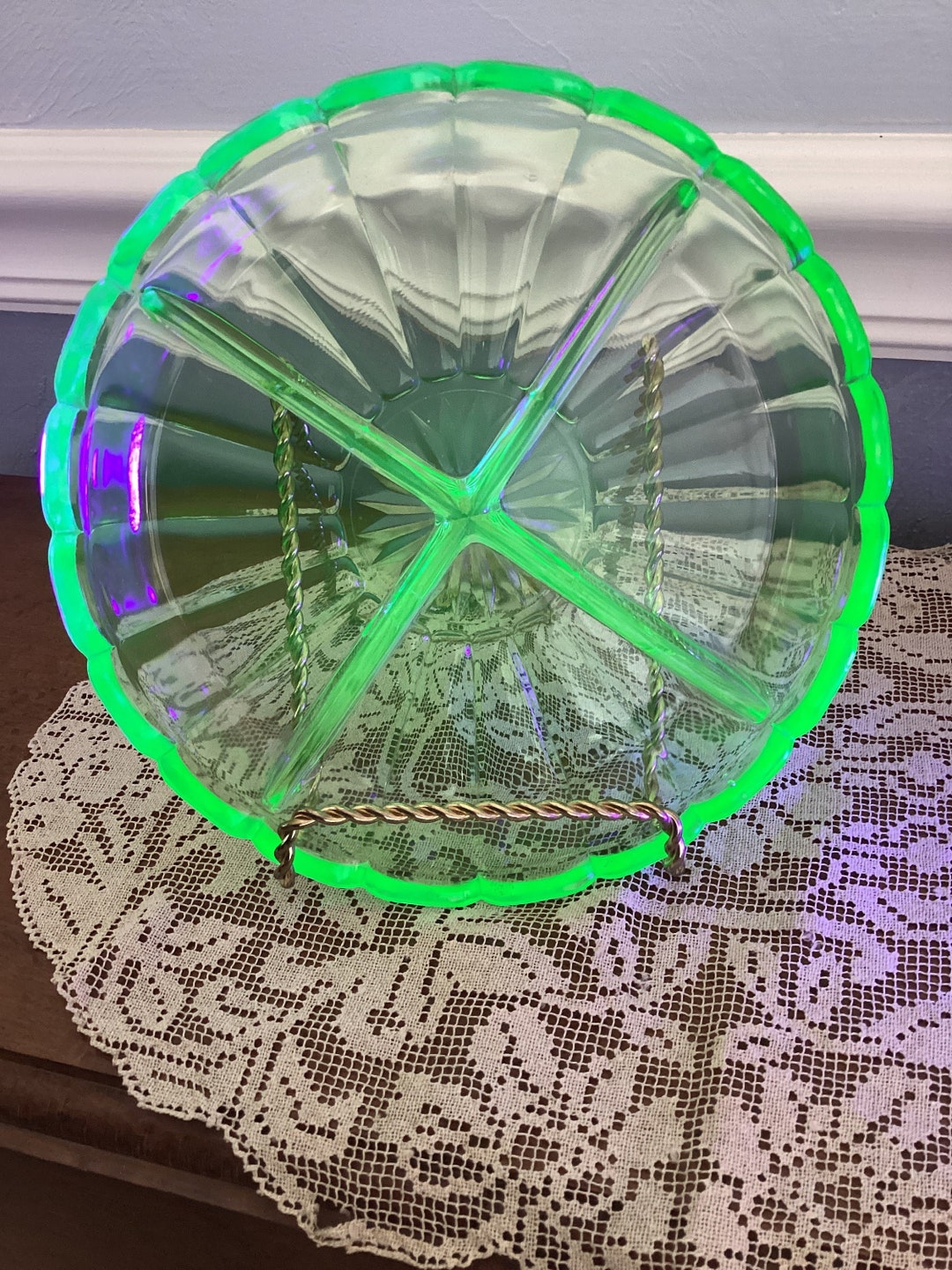 Green Vaseline Glass Divided Nut Dish Etsy