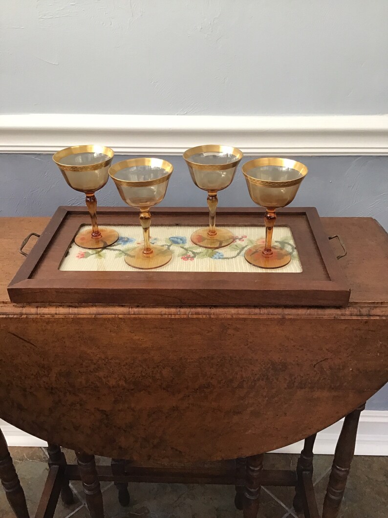 Vintage Needlepoint Serving Tray with wooden frame and handles.
