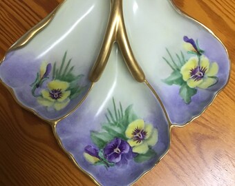 Hand painted Pansy serving dish, golden crossed handle