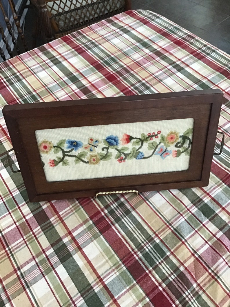 Vintage Needlepoint Serving Tray with wooden frame and handles.