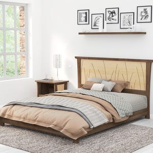 This is a handmade wood bed frame. The bed frame is shown in solid walnut and curly maple.  The curly maple headboard is inlaid with curved contrasting wood pieces that look like river rushes.  The bed is shown with matching nightstands.