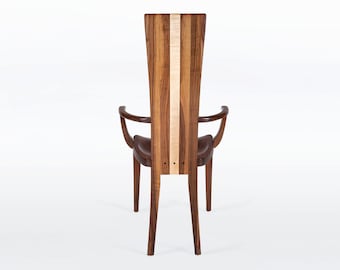 Wood Dining Chair With Arms In Solid Walnut and Curly Maple - "Gazelle High Back" With Arms