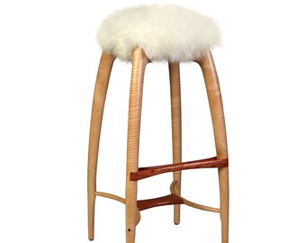 Modern Counter Height Counter Stool, Bar Stool, Carved Solid Wood, Sheepskin Seat, Curly Maple, Bubinga, "Tufted Crane"