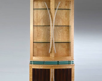 Modern China Cabinet, Art Deco Style Display Cabinet, Quilted Maple, Curved Front, "Levitating"
