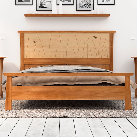 Bed Frame Handmade in Cherry and Maple With Butterfly Inlay