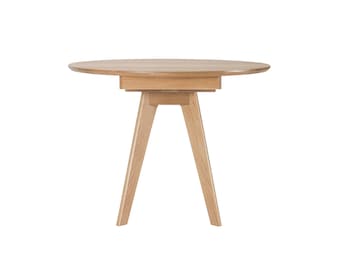 Extension Table Round Expanding Table Handmade in Solid Oak, Opens to Oval Shape With Leaf