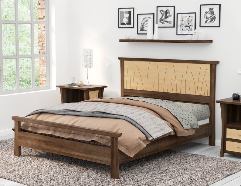 This is a handmade wood bed frame. The bed frame is shown in solid walnut and curly maple.  The curly maple headboard is inlaid with curved contrasting wood pieces that look like river rushes.  The bed is shown with matching nightstands.