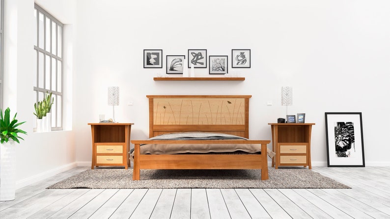 This is a handmade wood bed frame shown in solid cherry and curly maple.  The curly maple headboard is inlaid with butterflies and curved contrasting wood pieces that look like river rushes.  The bed is shown with matching nightstands.