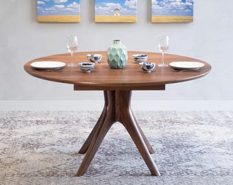 Round Extension Table With Pedestal Base Handmade In Solid Walnut Wood &quot;Kapok&quot;