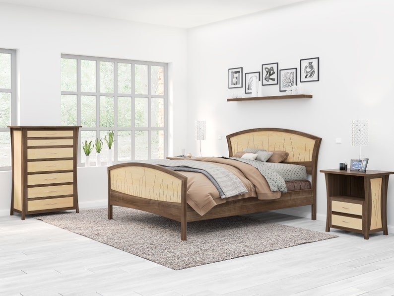 May include: A bedroom set with a wooden bed frame, two nightstands, and a dresser. The bed frame has a curved headboard and footboard with a wood grain pattern. The nightstands have a single drawer and a shelf. The dresser has six drawers. The bedroom set is made of a light wood with a dark wood trim.