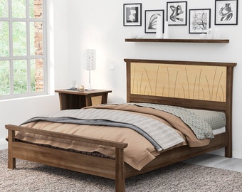 Bed Frame King Size Walnut, Headboard, Queen, Full, Modern Scandinavian, Twin, California King, Maple, Inlay "Prairie"