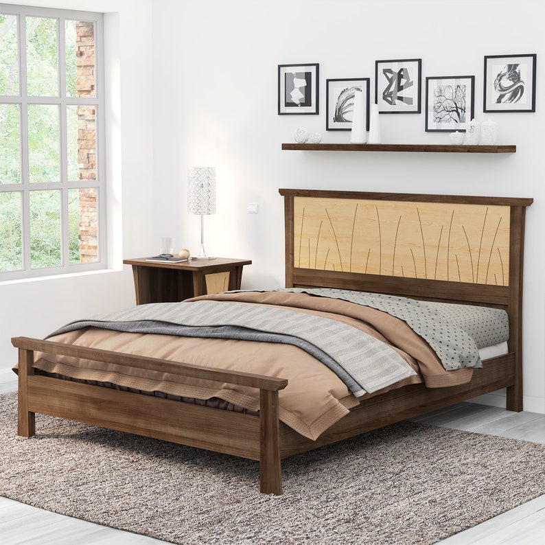 Bed Frame King Size Walnut, Headboard, Queen, Full, Modern Scandinavian, Twin, California King, Maple, Inlay Prairie image 1