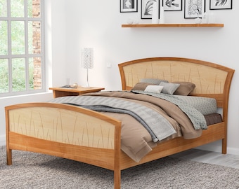 Solid Wood Bed Frame Handmade in Natural Cherry With Curly Maple "River Rushes"