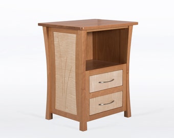 Nightstand With Two Drawers and Space For Books or Laptop, Handmade in Cherry and Curly Maple, "River Rushes"