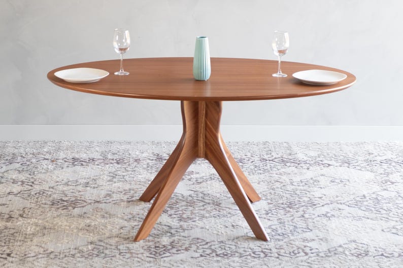Round Dining Table, Handmade Mid Century Modern Pedestal Base: Available in Walnut, Cherry, Mahogany or Oak “Kapok” Mahogany