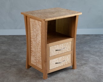 Nightstand With Drawers, Cherry, Laptop Notebook Space, Scandinavian, Danish Modern, Asian, Quilted Maple, Bedside Table, &quot;Rushes&quot;