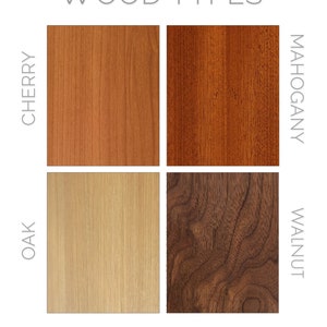 May include: Four wood samples, each showing a different wood grain pattern and color. The wood types are Cherry, Mahogany, Oak, and Walnut.