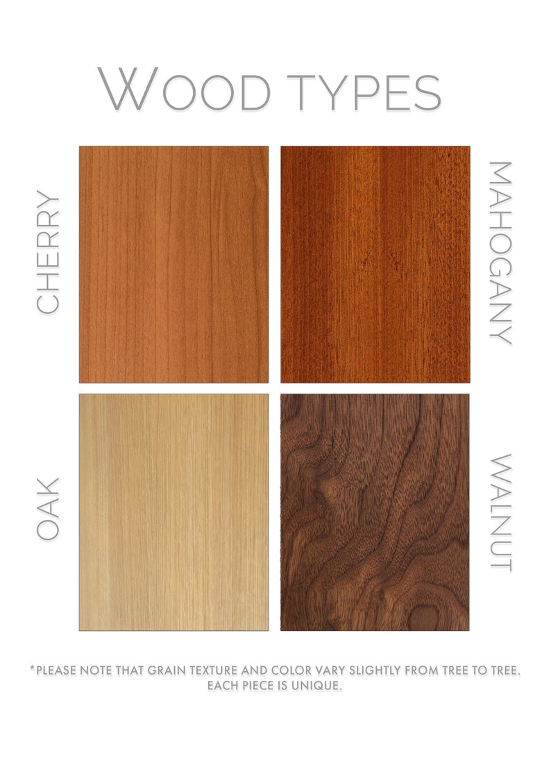 May include: Four wood samples, each showing a different wood grain pattern and color. The wood types are Cherry, Mahogany, Oak, and Walnut.