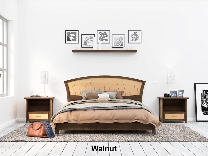 Cadre de lit plateforme en cerisier et érable, fabriqué dans toutes les tailles River Rushes Platform Walnut + Curly Maple