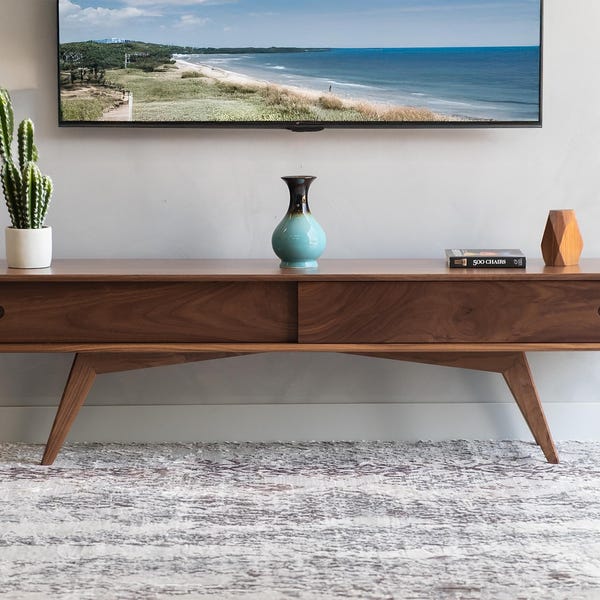 Modern TV Console, Mid Century Modern Style in Solid Walnut "Montecito"