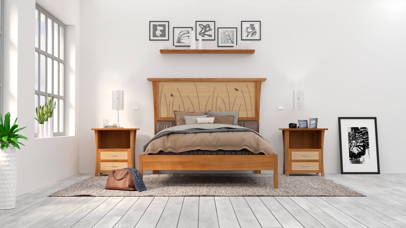 Bed Frame Queen Size Headboard Platform Bed King Full Double Twin Cherry Wood Posts Curly Maple Panel Inlay Butterfly Platform