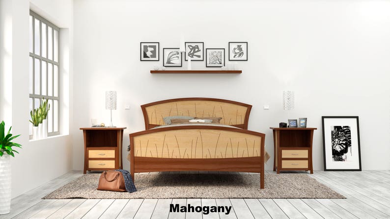 This is a handmade wooden bed with a curved headboard and footboard.  The headboard and footboard are inlaid with curved wood pieces that look like river rushes.  This picture shows the bed in mahogany and curly maple wood.