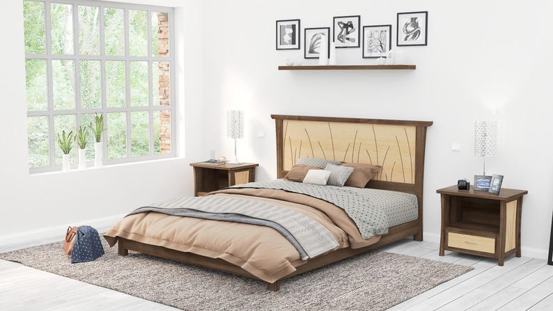 This is a handmade wood bed frame. The bed frame is shown in solid walnut and curly maple.  The curly maple headboard is inlaid with curved contrasting wood pieces that look like river rushes.  The bed is shown with matching nightstands.