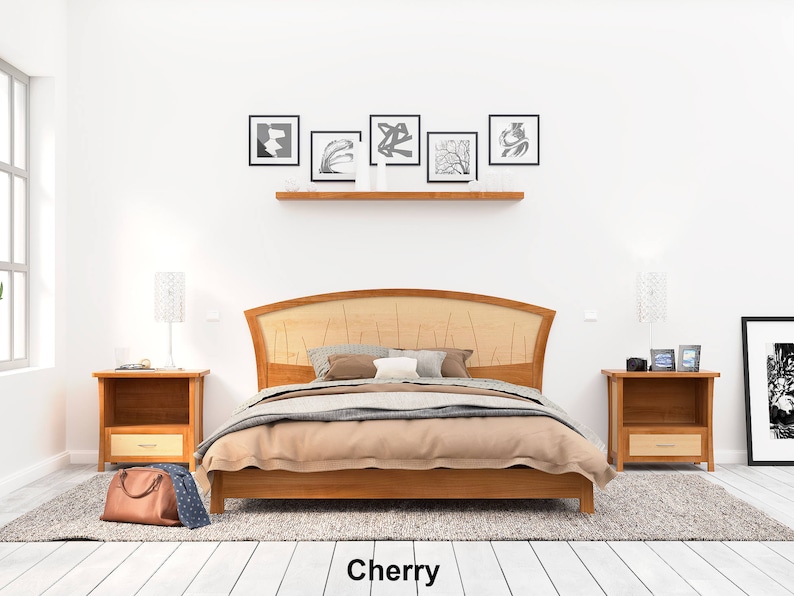 Cadre de lit plateforme en cerisier et érable, fabriqué dans toutes les tailles River Rushes Platform Cherry + Curly Maple
