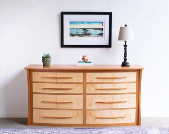 Curved Solid Wood Dresser for Bedroom in Cherry and Curly Maple "Savanna"