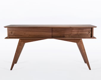 Table d'entrée moderne avec rangement, étroite, style Mid-Century, noyer massif « Montecito »