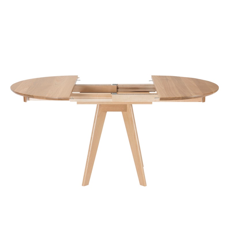 Extension Table Round Expanding Table Handmade in Solid Oak, Opens to Oval Shape With Leaf image 3