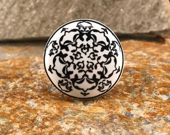 Ceramic Knob, Round Drawer Pull, Decorative Country Knob, Chrome Apron, Black & White Floral Design, Furniture Replacements Knobs and Pulls