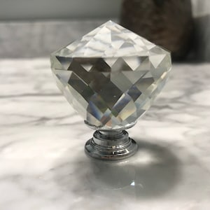 Glass Crystal Knob, Faceted Drawer Knob with Chrome Apron, Cabinet Door Hardware