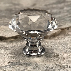 Glass Knob, Crystal Faceted Knob with Chrome Apron, Old Fashioned Decorative Furniture Pull, Drawer Knobs Cabinet Replacement