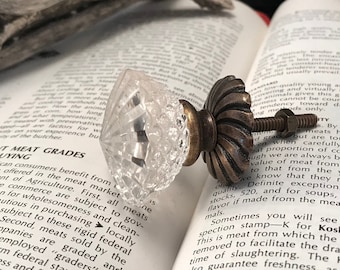 Antique Style Glass Drawer Knob, Hobnail Faceted Pull, Brass Cabinet Hardware Home Improvement Hardware DIY Supplies