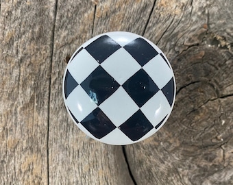 Ceramic Knob Black & White Checkered Round Drawer Knob, Dresser Knob, Cabinet Knob, Cabinet Hardware, Home Improvement Hardware