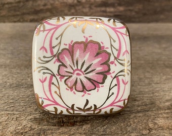 Square Ceramic Knob, Pink Flower Gold Leaf Drawer Pull Home Improvement Hardware