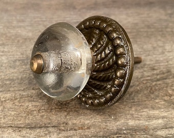 Clear Glass Knob, Vintage Style with Antique Brass Apron, Decorative Furniture Pull, Drawer Knob, Bubble Glass Knob