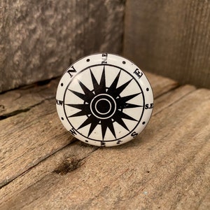 Ceramic Knob, Nautical Compass, Round Drawer Pull, Furniture Replacement Knobs and Pulls Black and White