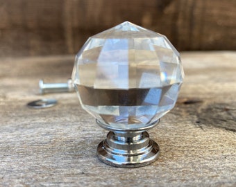 Glass Crystal Knob, Chrome Hardware, Faceted Furniture Pull Home Improvement Hardware DIY Supplies