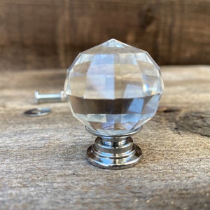 Glass Crystal Knob, Glass Faceted Knob, Chrome Hardware, Old Fashioned Decorative Furniture Pull, Dresser Drawer Knob