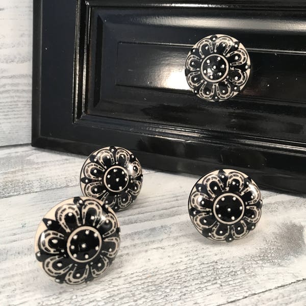 Ceramic Knobs, Decorative Floral Pull Knob, Black & White Ceramic Dresser Drawer Pulls,Cabinet Supplies, Item #560232103