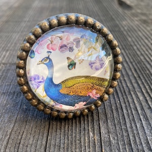 May include: A round, brass-colored knob with a glass insert featuring a peacock with blue and green feathers, surrounded by pink and purple flowers and butterflies.