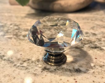 2; Vintage-Brass Metal Flower Crystal Clear Glass bronzed Knob Handle