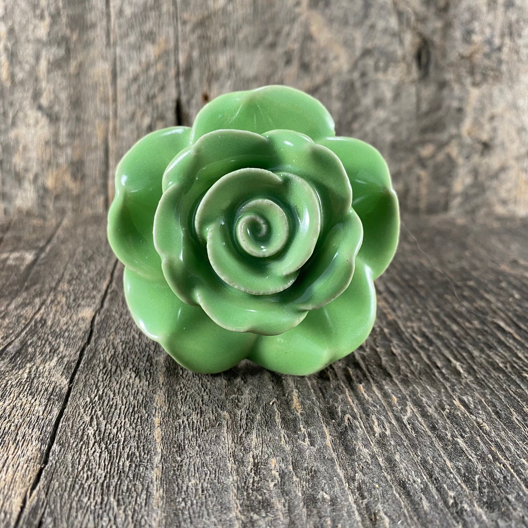 Green Rose Ceramic Wardrobe Knob, Ceramic Rose Knob Mint Green