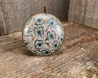 Ceramic Knob, Hand Painted Dresser Drawer Knob, Furniture Cabinet Knobs, Green, Floral, Fancy Drawer Pull with Flower