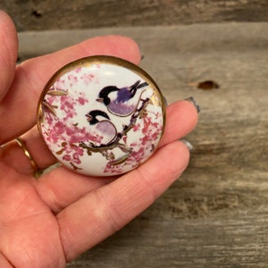 Ceramic Knob, Hand Painted Dresser Drawer Knob, Furniture Cabinet Knobs, Drawer Pull, Flower Bird Design, Unique Ceramic Knob with Gold Trim image 2