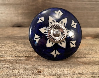 Large Navy Blue Ceramic Knob, Floral Dresser Drawer Pull
