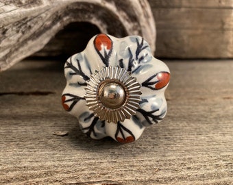 Hand Painted Floral Ceramic Knob, Pumpkin Shape Drawer Pull